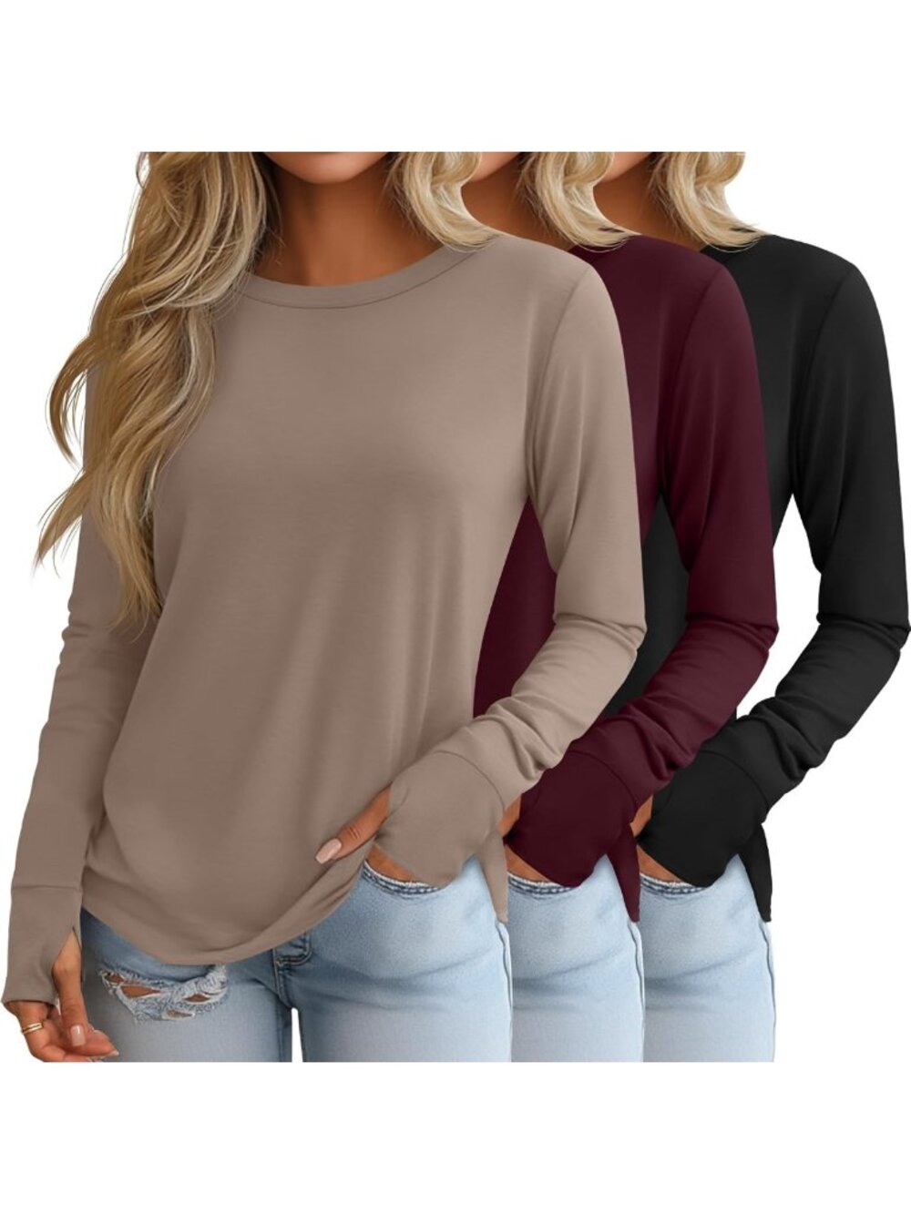 Cozy 3-Pack Women's Long Sleeve Cotton Tops with Thumb Holes for Comfort & Style